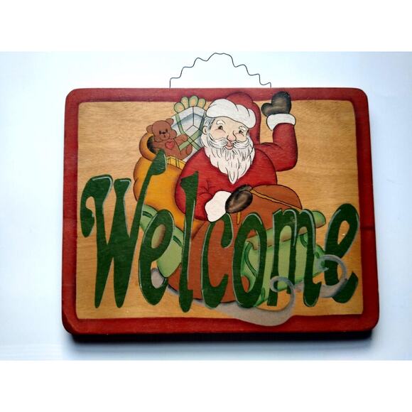 Welcome Santa Claus In Sled Christmas Wood Sign Plaque 13" x 10" Holiday Decor - Picture 1 of 5